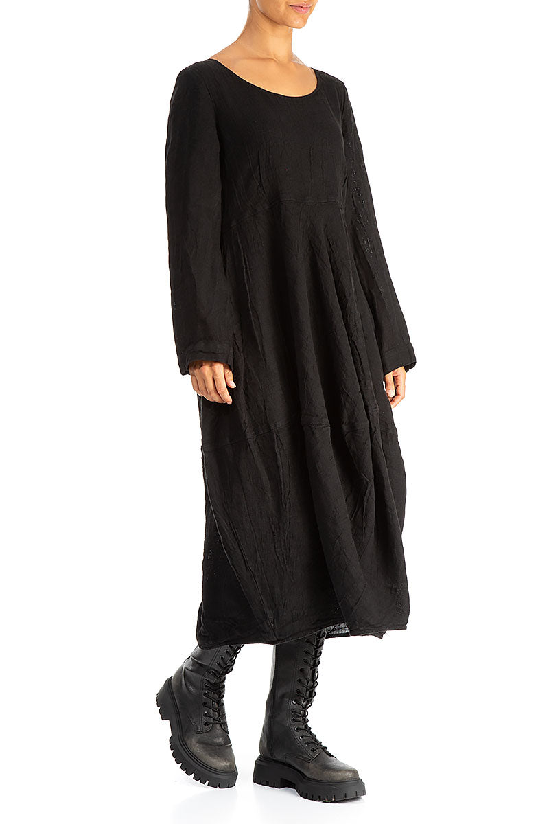 Balloon Long Sleeves Black Mélange Linen Dress