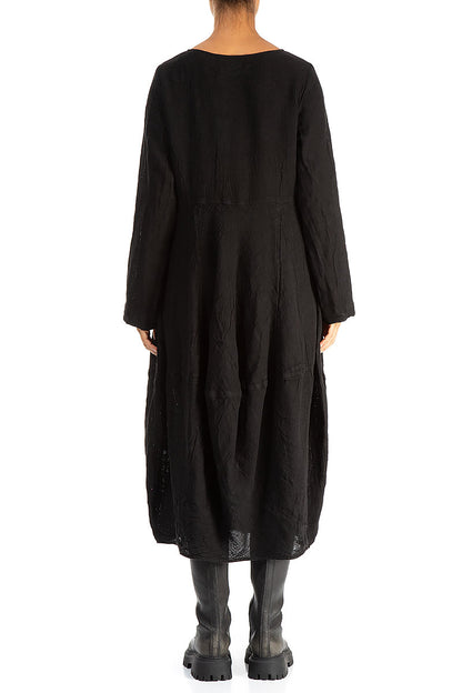 Balloon Long Sleeves Black Mélange Linen Dress