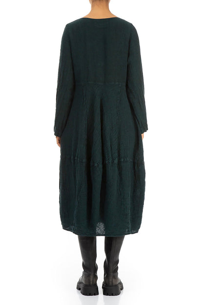 Balloon Long Sleeves Emerald Mélange Linen Dress 2