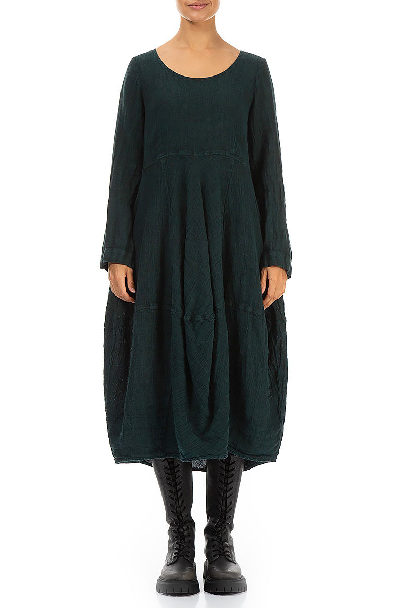 Balloon Long Sleeves Emerald Mélange Linen Dress 1