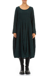 Balloon Long Sleeves Emerald Mélange Linen Dress 1