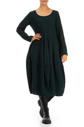 Balloon Long Sleeves Emerald Mélange Linen Dress 4