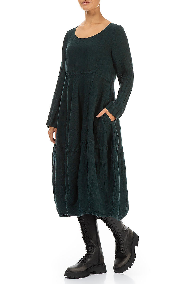 Balloon Long Sleeves Emerald Mélange Linen Dress