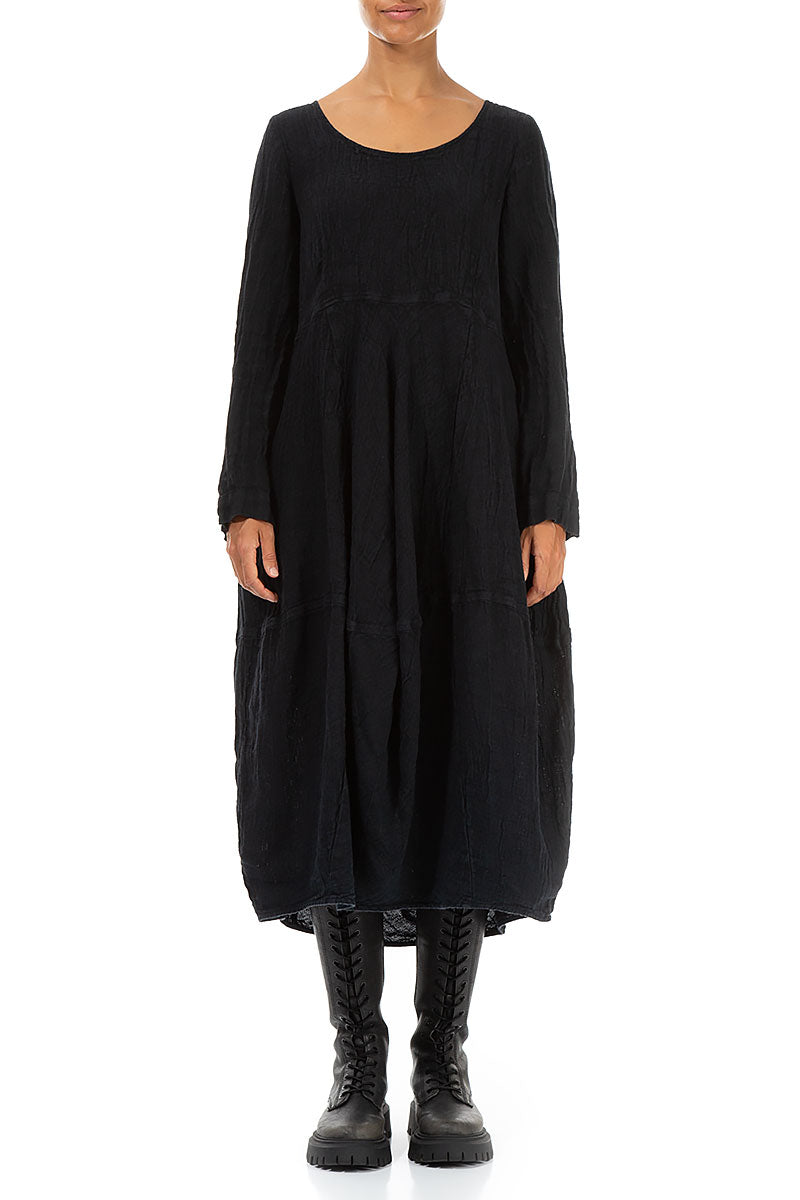 Balloon Long Sleeves Midnight Blue Mélange Linen Dress