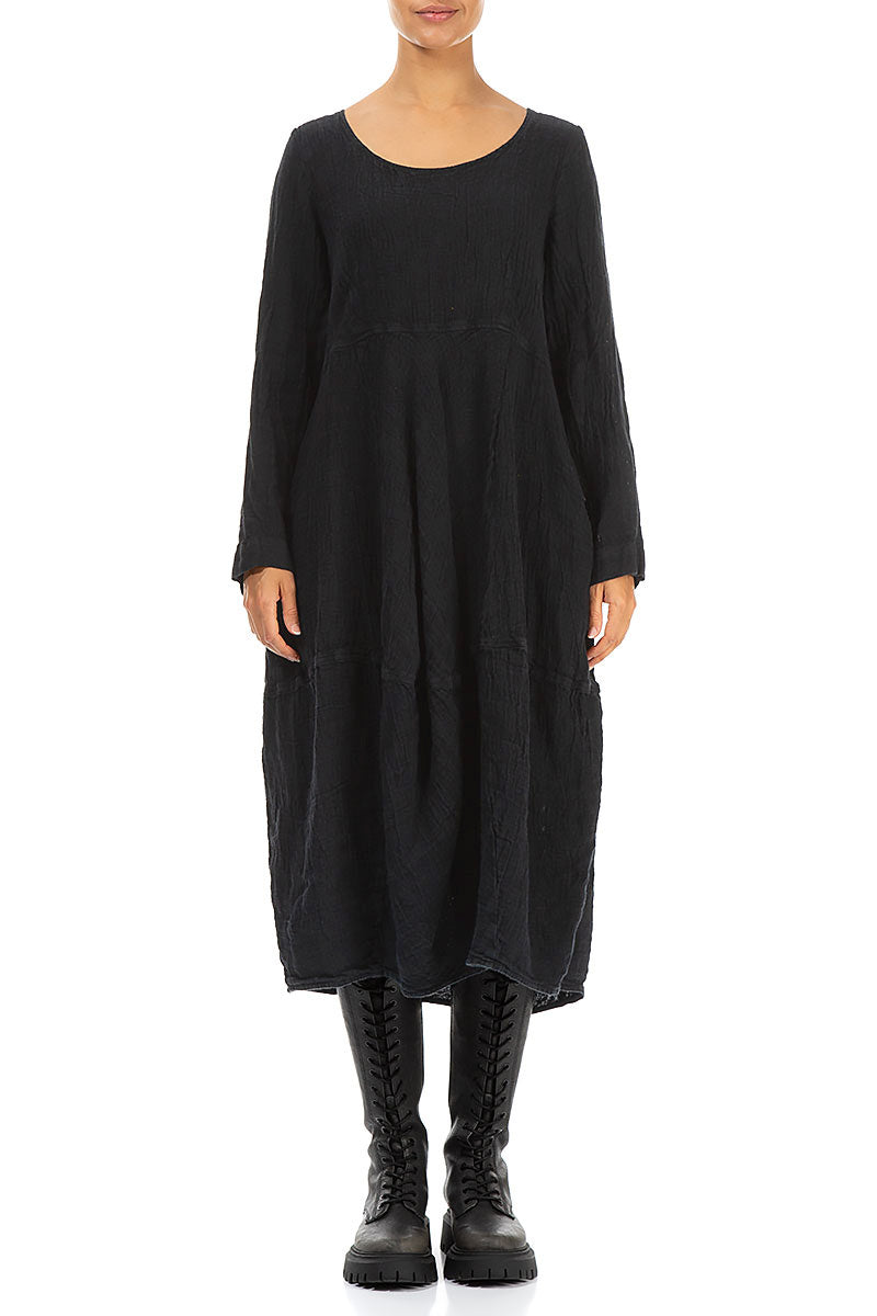 Balloon Long Sleeves Midnight Blue Mélange Linen Dress