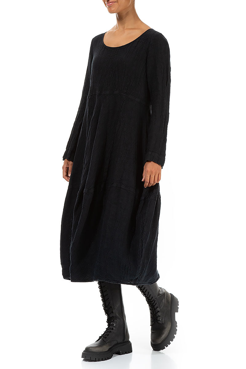 Balloon Long Sleeves Midnight Blue Mélange Linen Dress