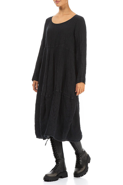 Balloon Long Sleeves Midnight Blue Mélange Linen Dress