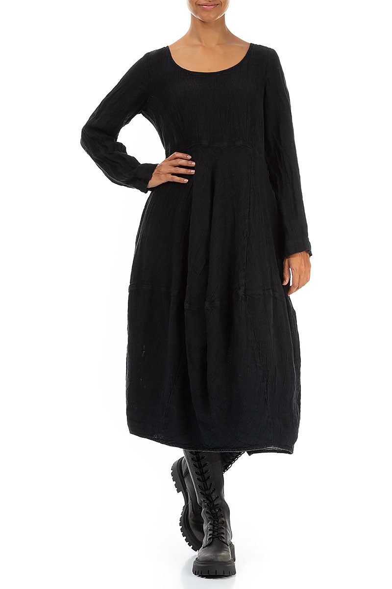 Balloon Long Sleeves Midnight Blue Mélange Linen Dress