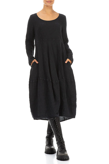 Balloon Long Sleeves Midnight Blue Mélange Linen Dress