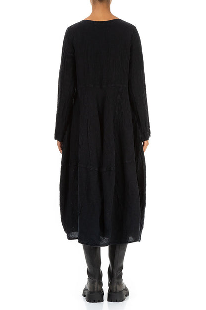 Balloon Long Sleeves Midnight Blue Mélange Linen Dress