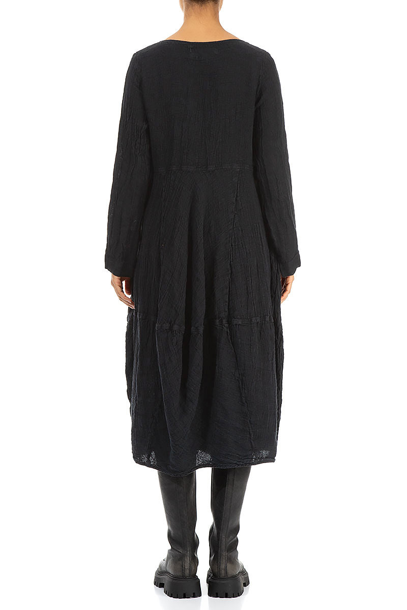 Balloon Long Sleeves Midnight Blue Mélange Linen Dress