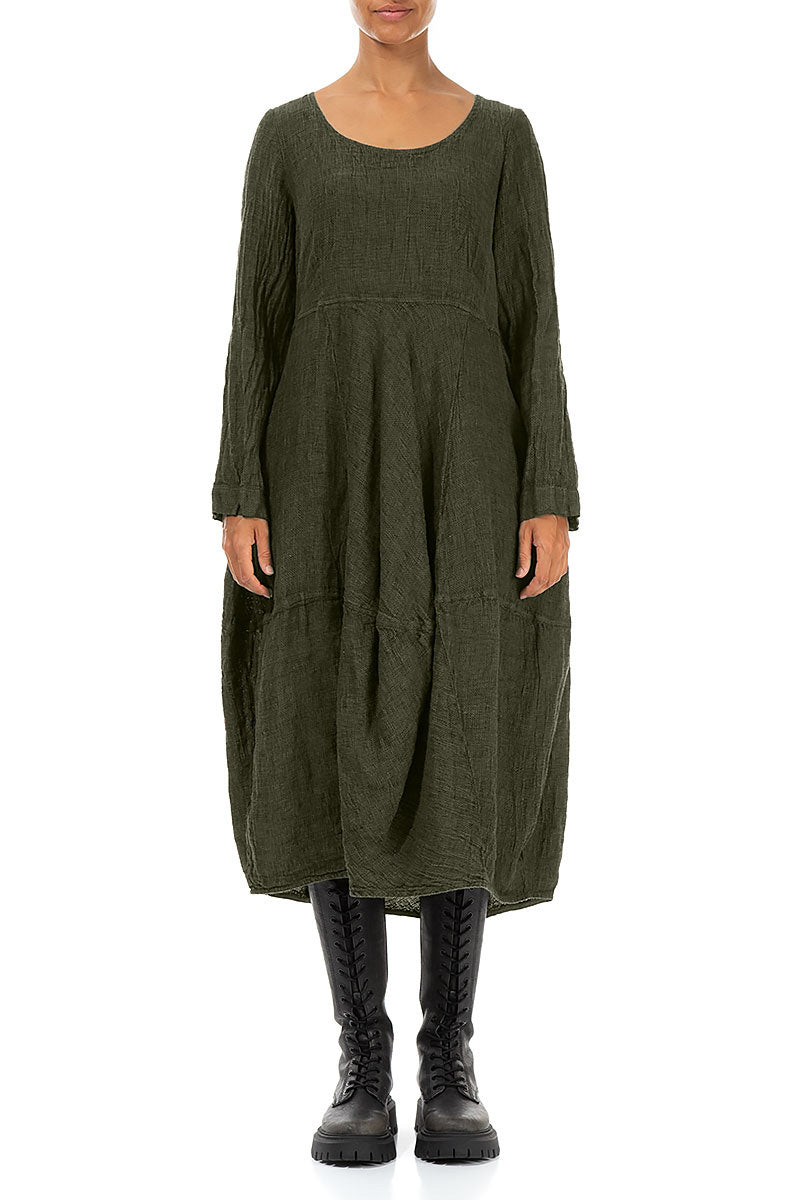 Balloon Long Sleeves Olive Mélange Linen Dress