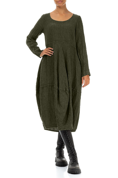 Balloon Long Sleeves Olive Mélange Linen Dress