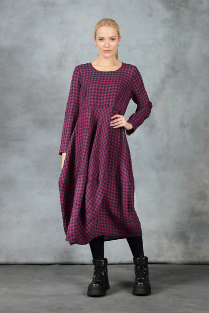 Balloon Magenta Check Linen Dress