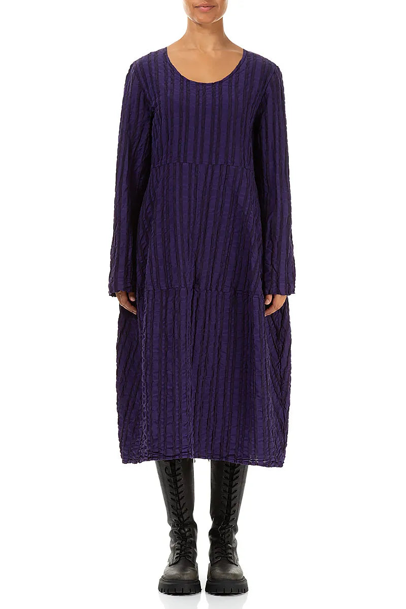Balloon Royal Purple Checkered Linen Cotton Dress 1