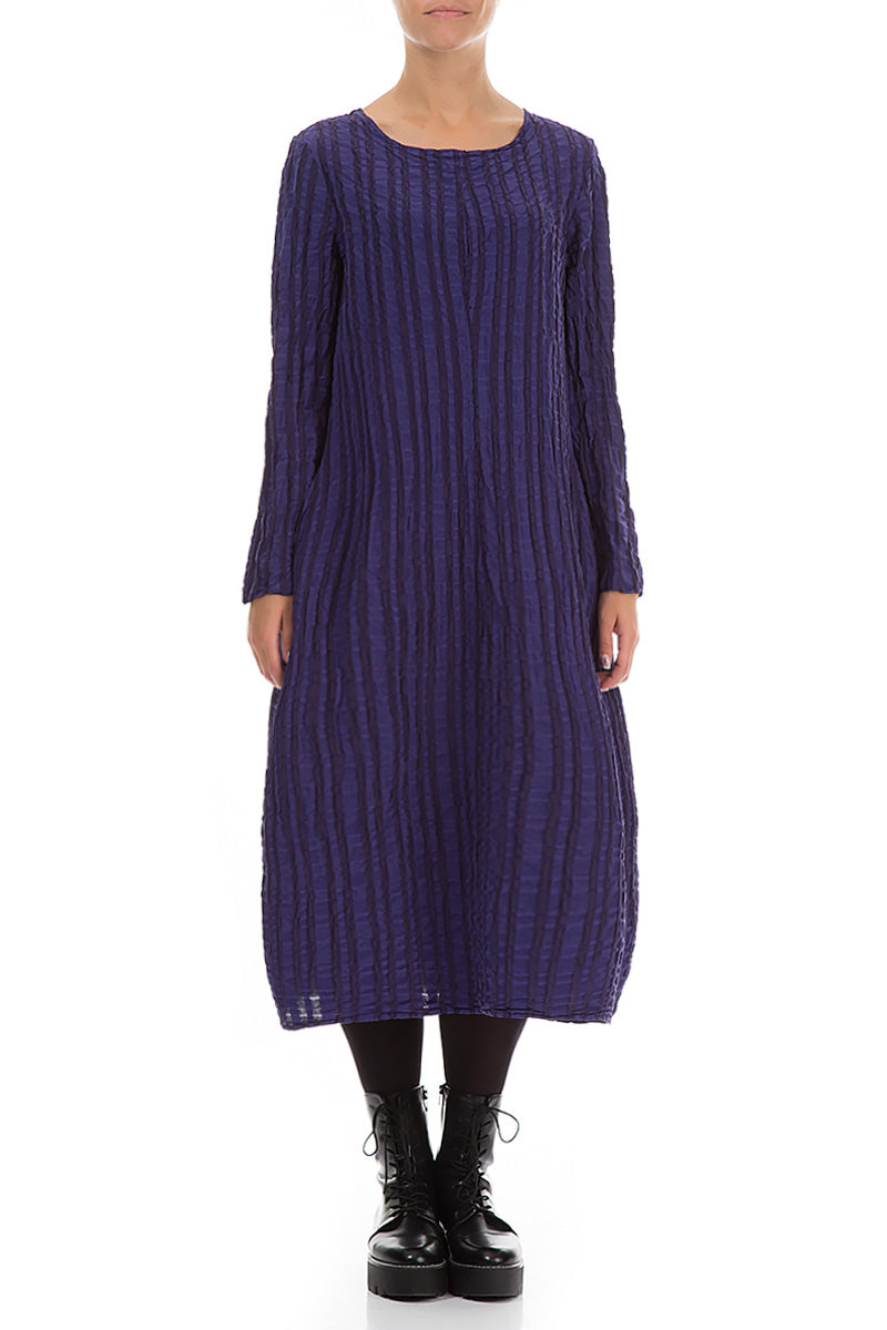 Flared Royal Purple Checkered Linen Cotton Dress 1