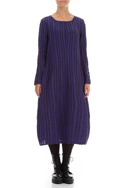 Flared Royal Purple Checkered Linen Cotton Dress 1