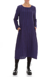 Flared Royal Purple Checkered Linen Cotton Dress 3