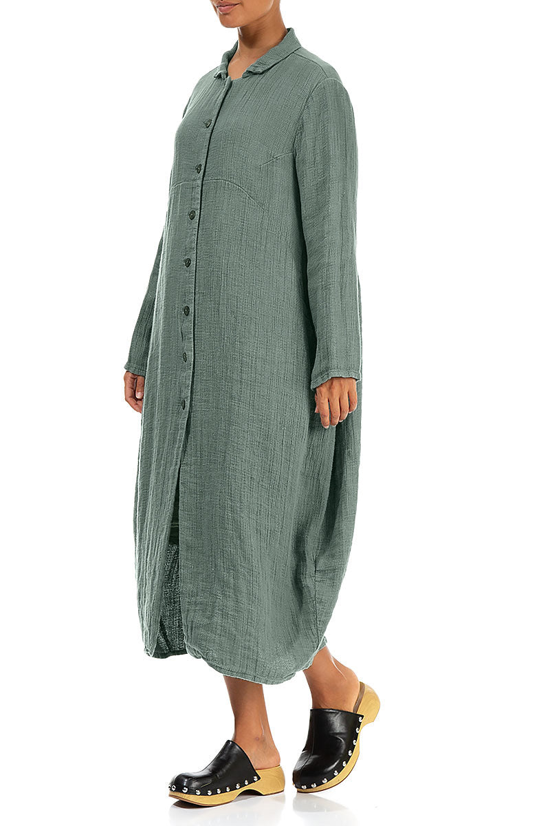 Jackenkleid aus strukturiertem Leinen in Ballon-Salbeigrün