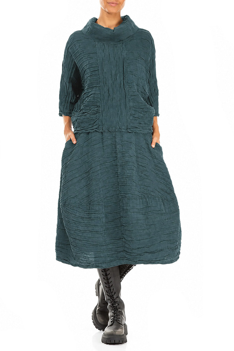 Balloon Shape Crinkled Deep Turquoise Silk Linen Skirt