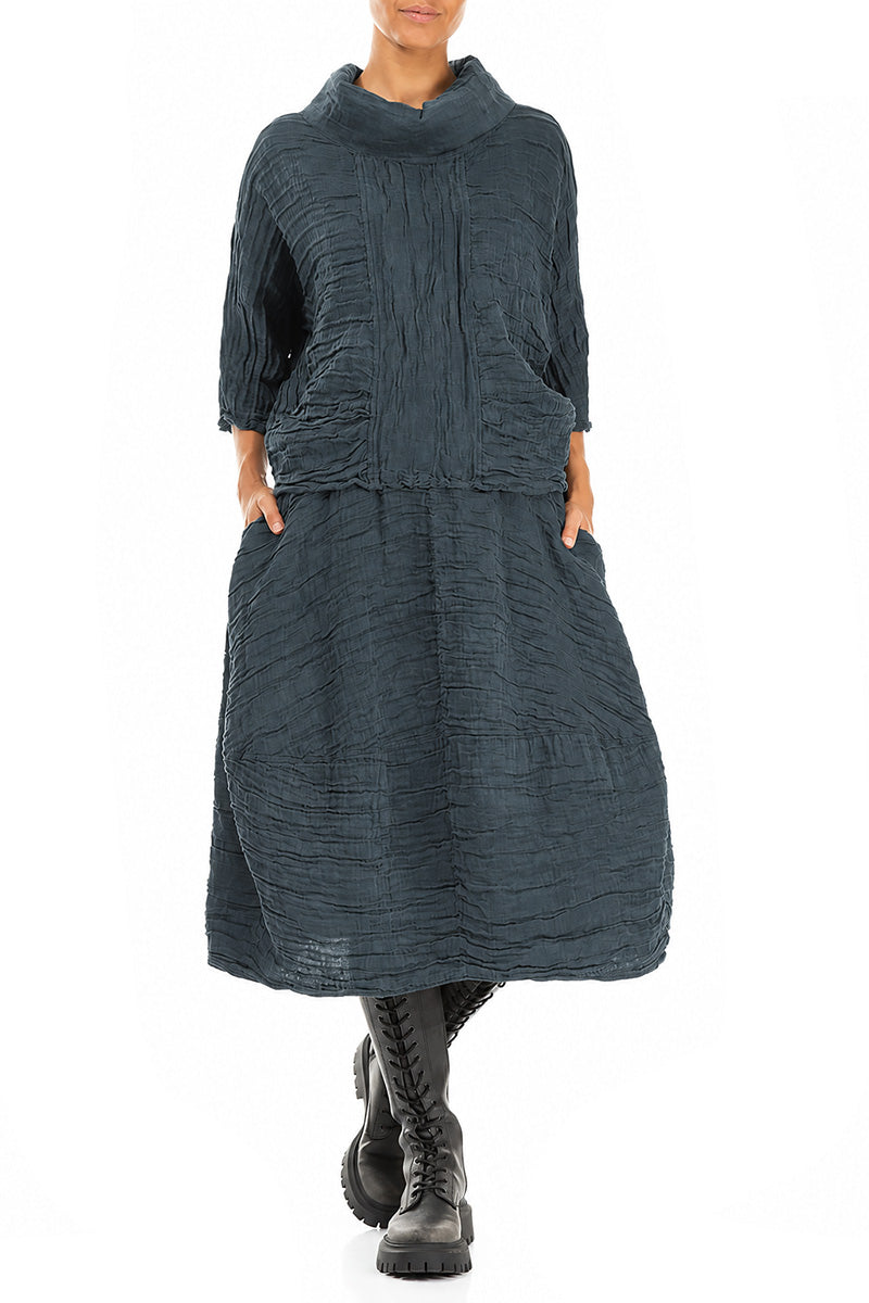 Balloon Shape Crinkled Slate Silk Linen Skirt