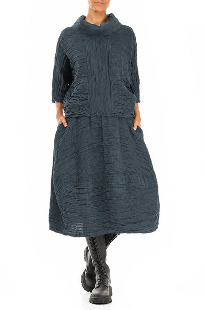 Balloon Shape Crinkled Slate Silk Linen Skirt
