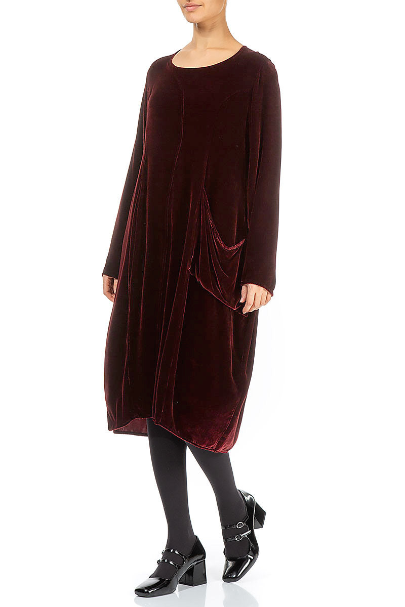 Balloon Single Pocket Dark Merlot Silk Velvet Dress