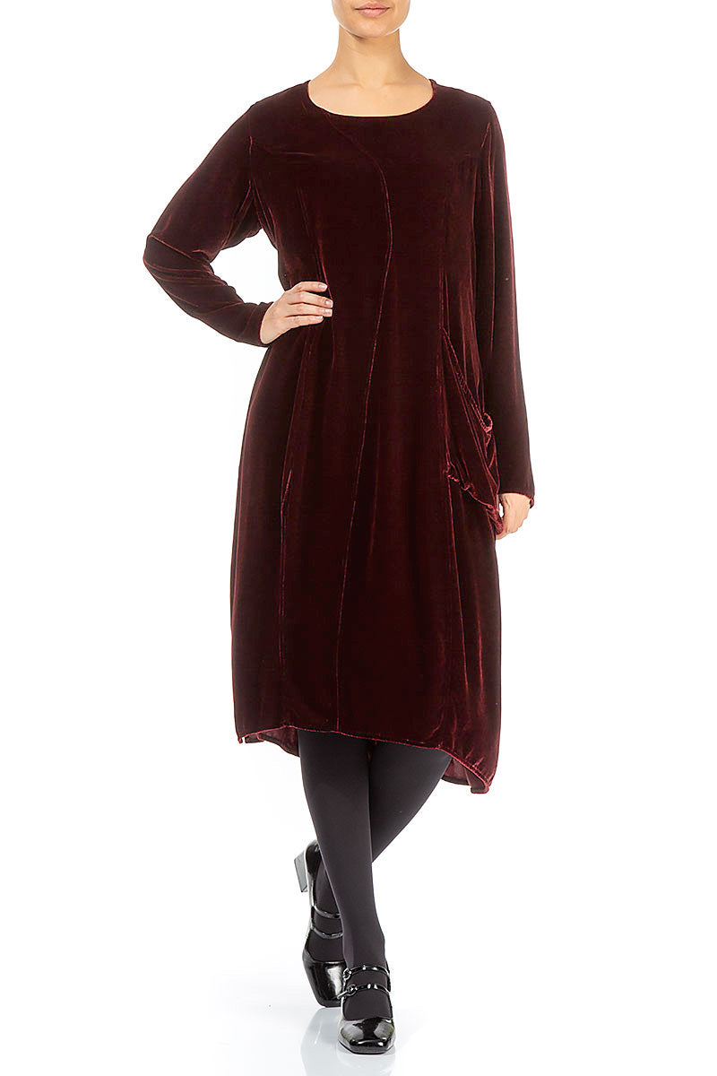 Balloon Single Pocket Dark Merlot Silk Velvet Dress