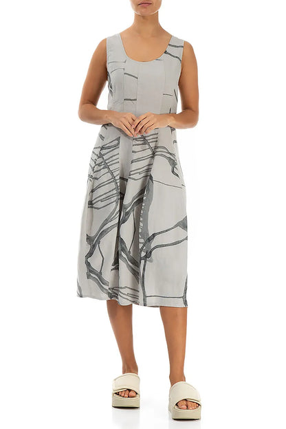 Balloon Sleeveless Printed Beige Linen Dress 3