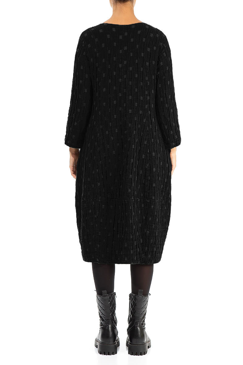 Balloon Square Neck Black Textured Linen Dress