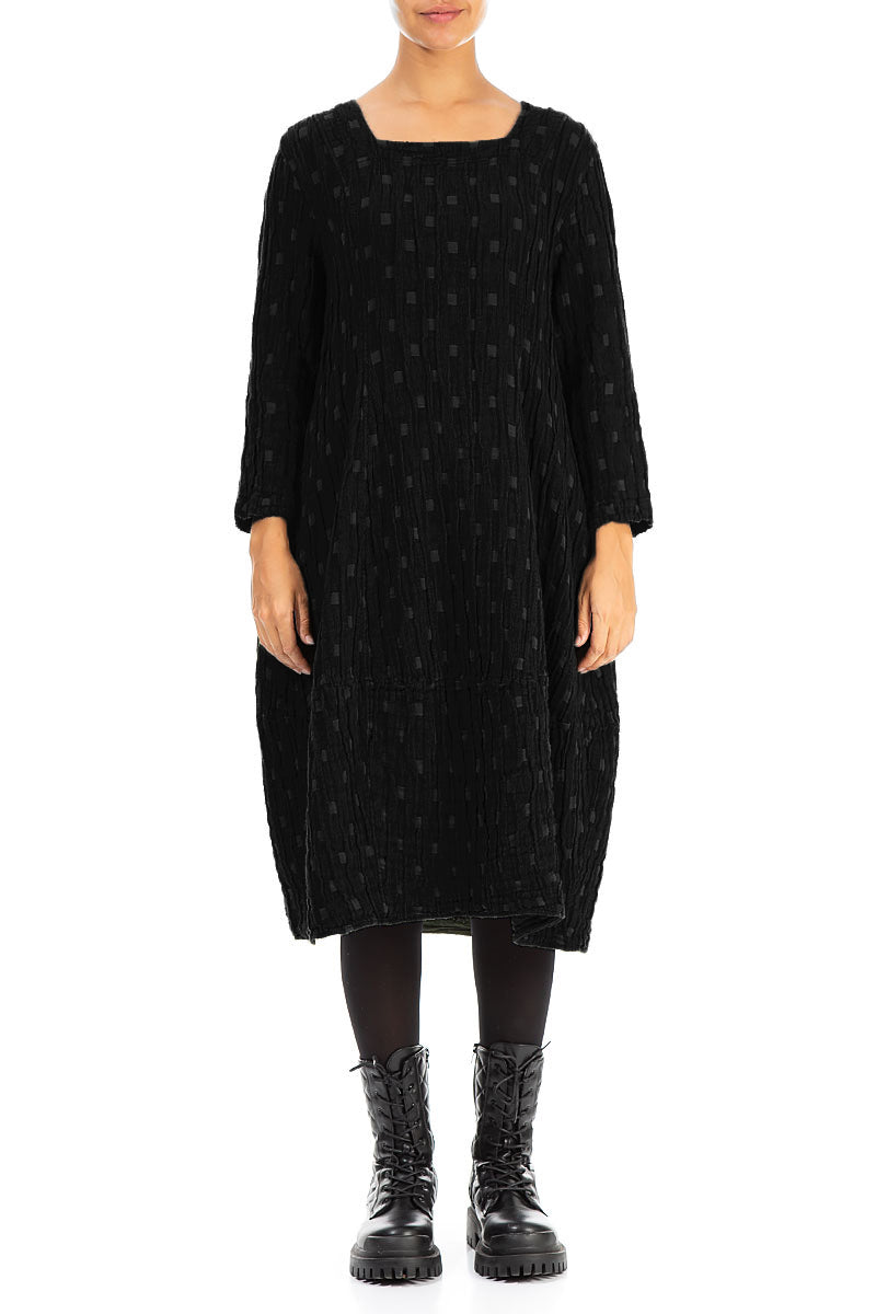 Balloon Square Neck Black Textured Linen Dress