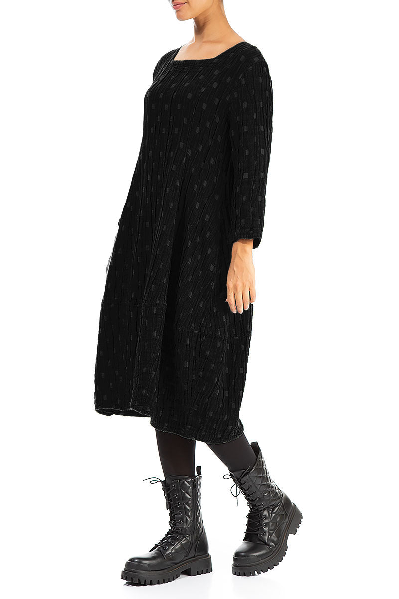 Balloon Square Neck Black Textured Linen Dress