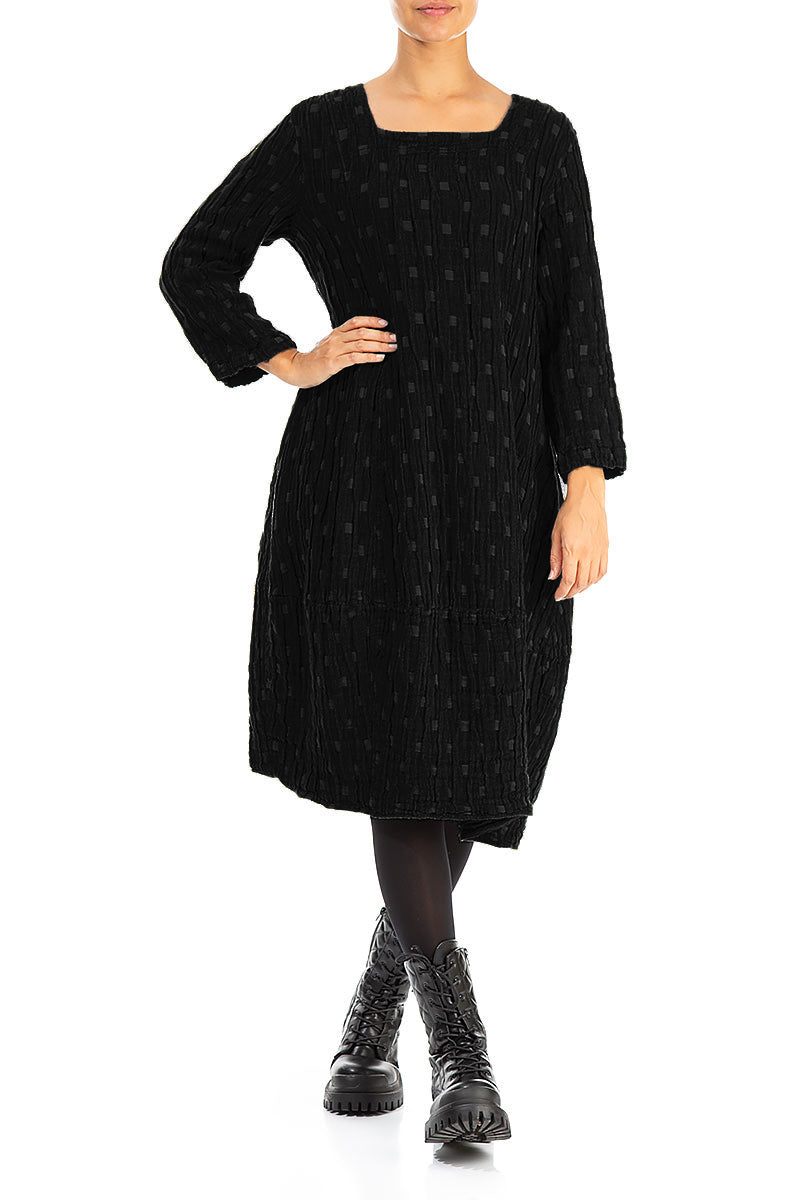 Balloon Square Neck Black Textured Linen Dress