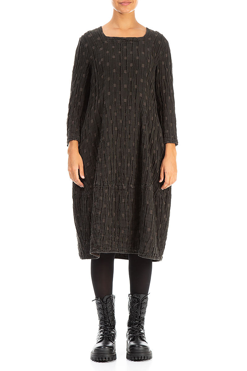 Balloon Square Neck Chocolate Textured Linen Dress