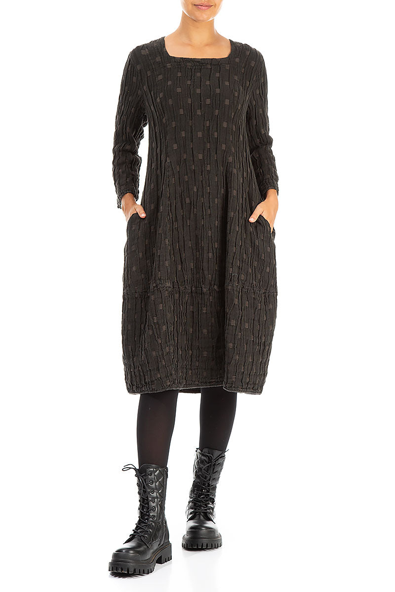 Balloon Square Neck Chocolate Textured Linen Dress