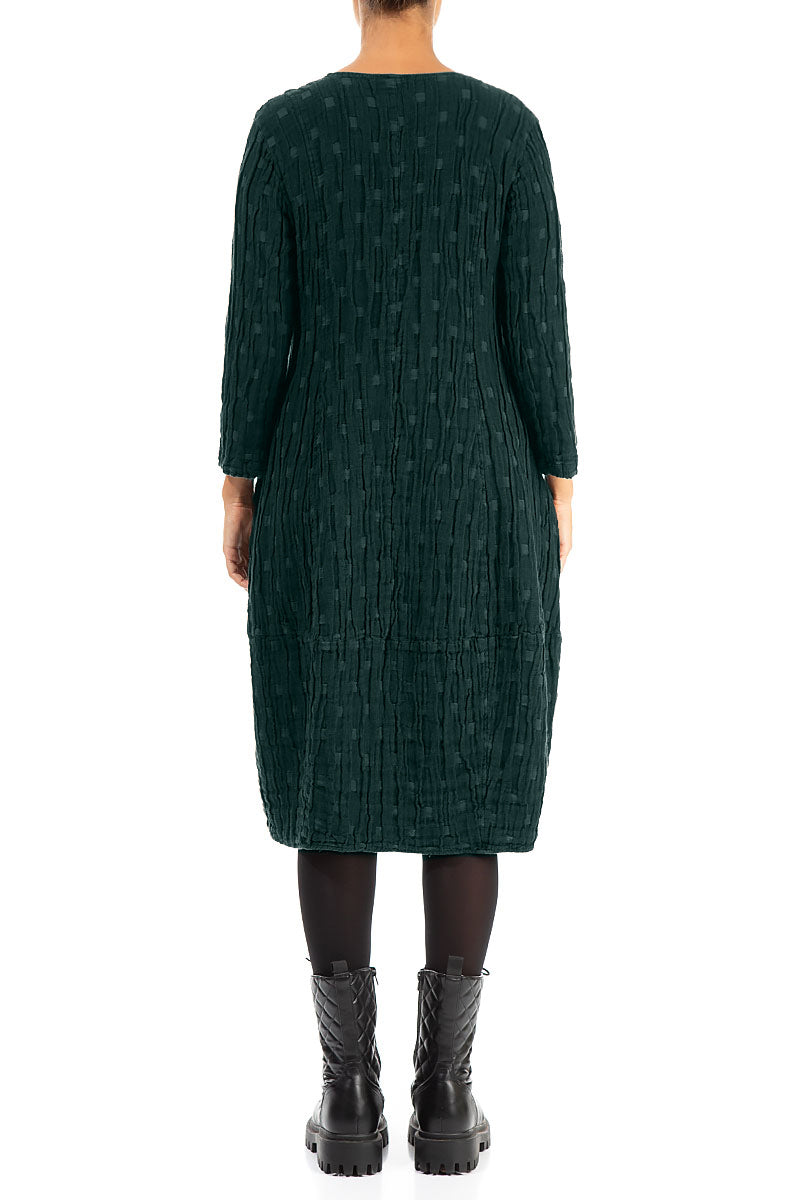 Balloon Square Neck Emerald Textured Linen Dress