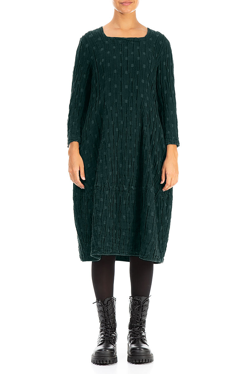 Balloon Square Neck Emerald Textured Linen Dress