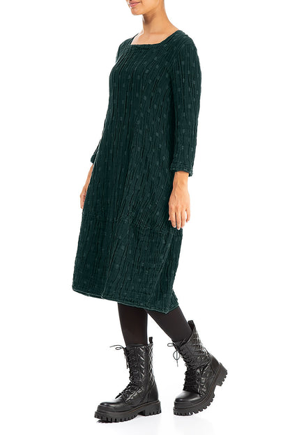 Balloon Square Neck Emerald Textured Linen Dress