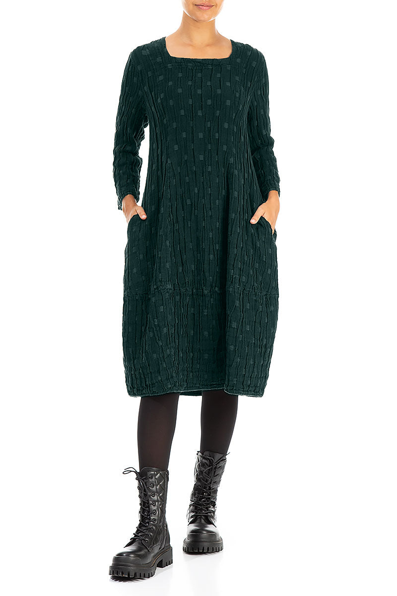 Balloon Square Neck Emerald Textured Linen Dress