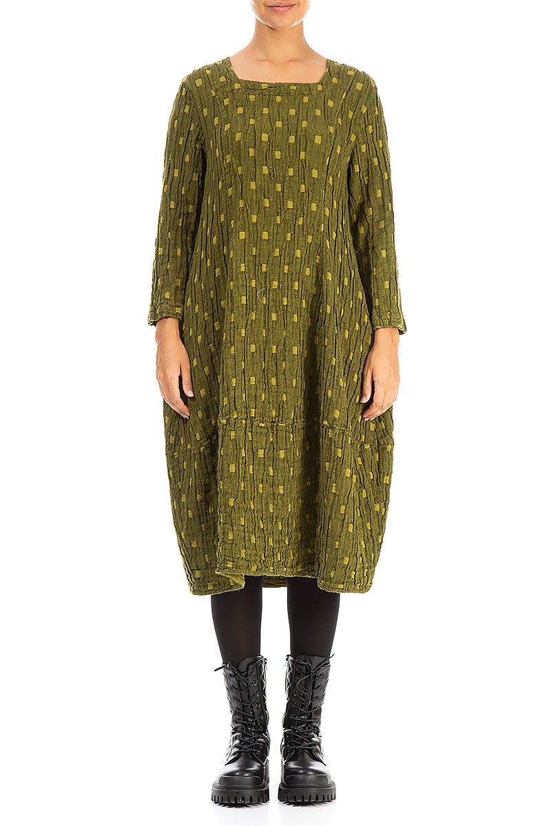 Balloon Square Neck Golden Lime Textured Linen Dress