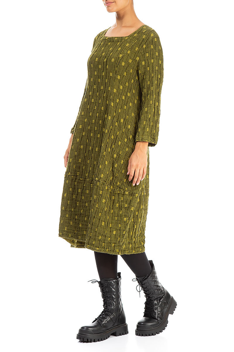 Balloon Square Neck Golden Lime Textured Linen Dress