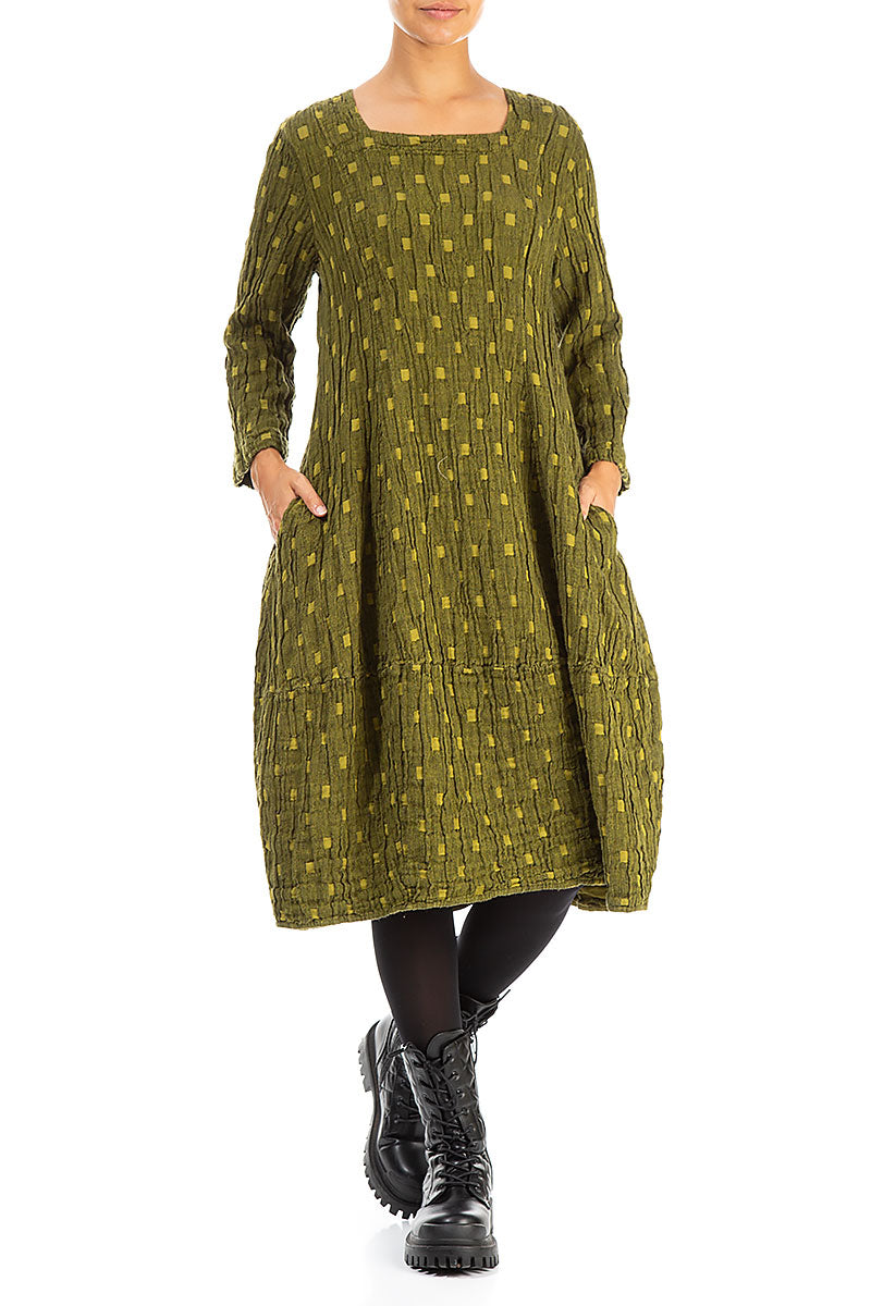 Balloon Square Neck Golden Lime Textured Linen Dress