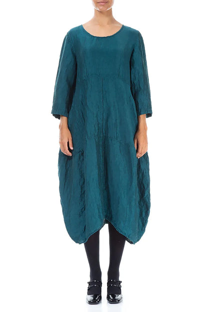 Balloon Textured Peacock Silk Linen Dress 1