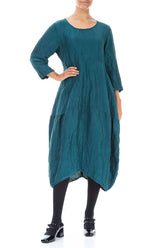 Balloon Textured Peacock Silk Linen Dress 4