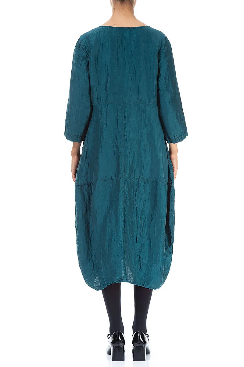 Balloon Textured Peacock Silk Linen Dress 2