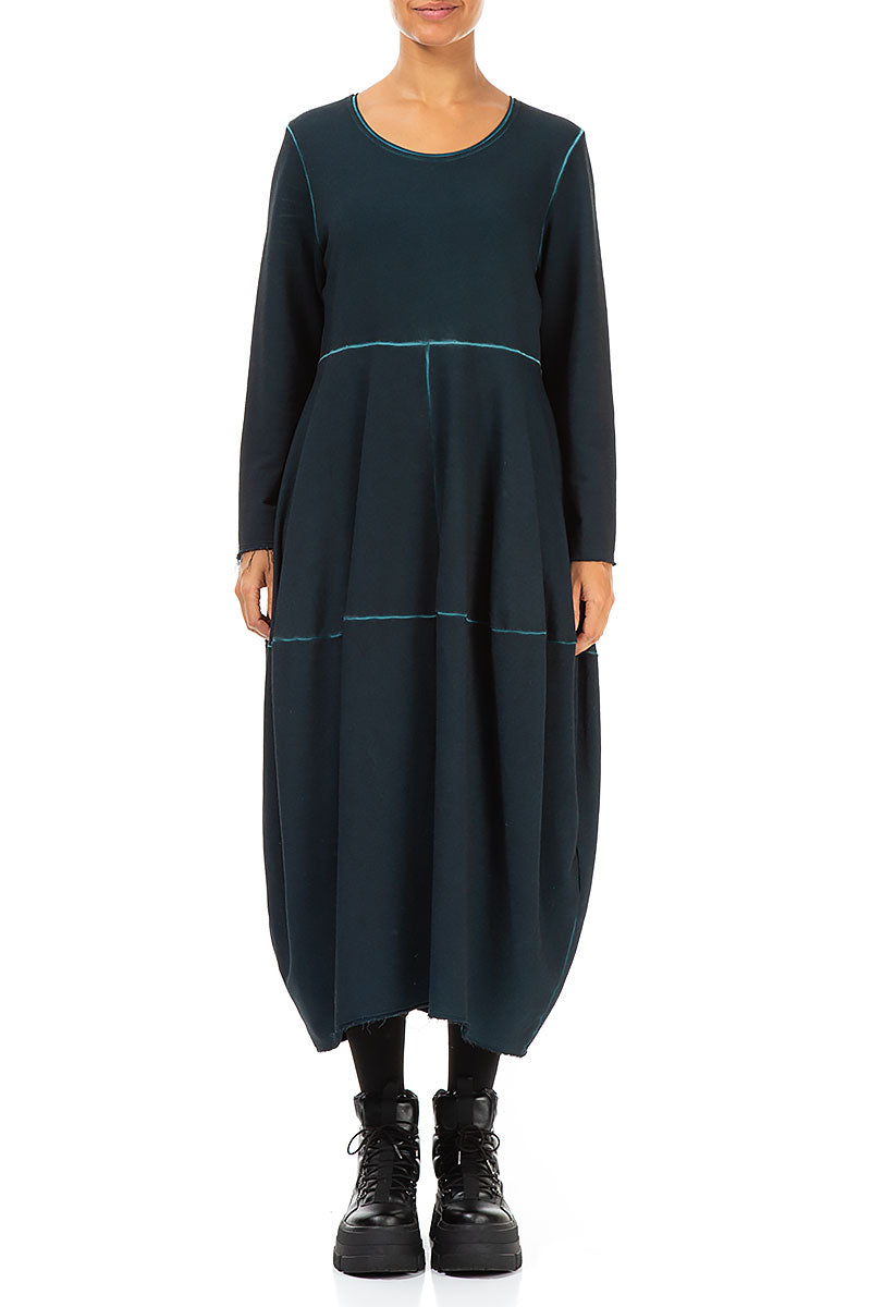 Balloon Washed Effect Dark Teal Cotton Dress