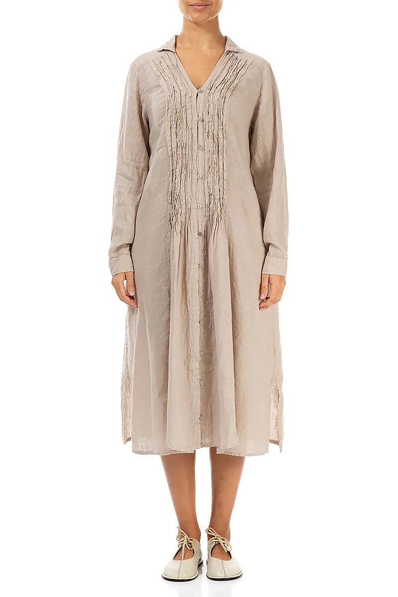 Beige Pintuck Linen Shirt Dress