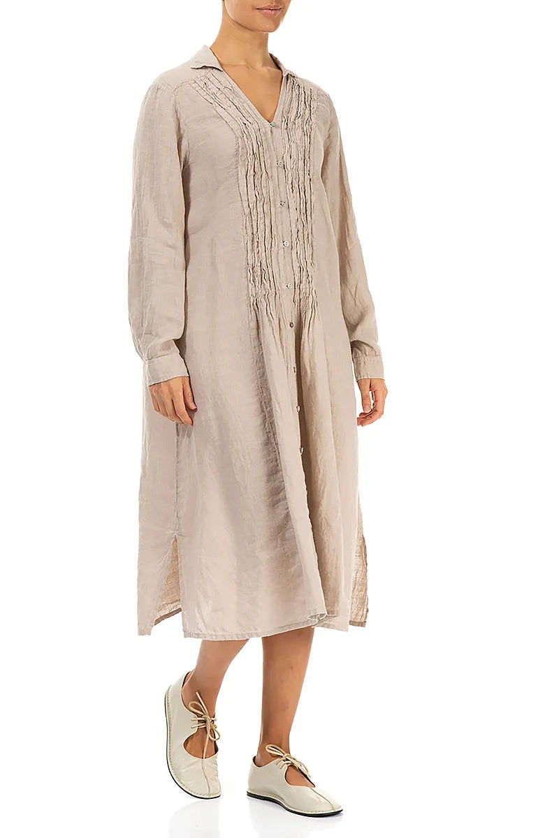 Beige Pintuck Linen Shirt Dress