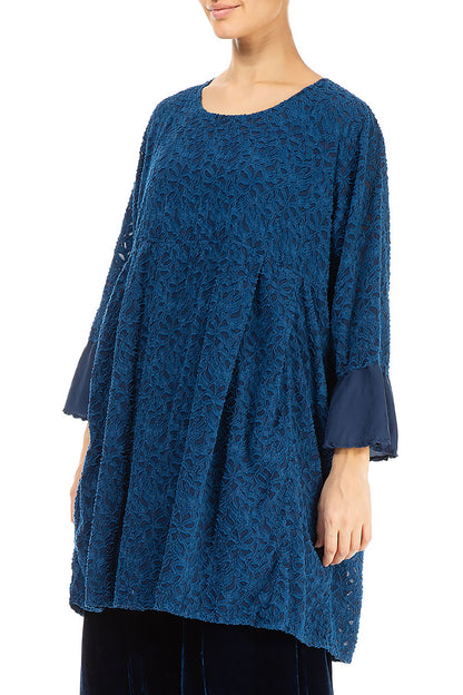 Bell Sleeve Floral Blue Silk Tunic