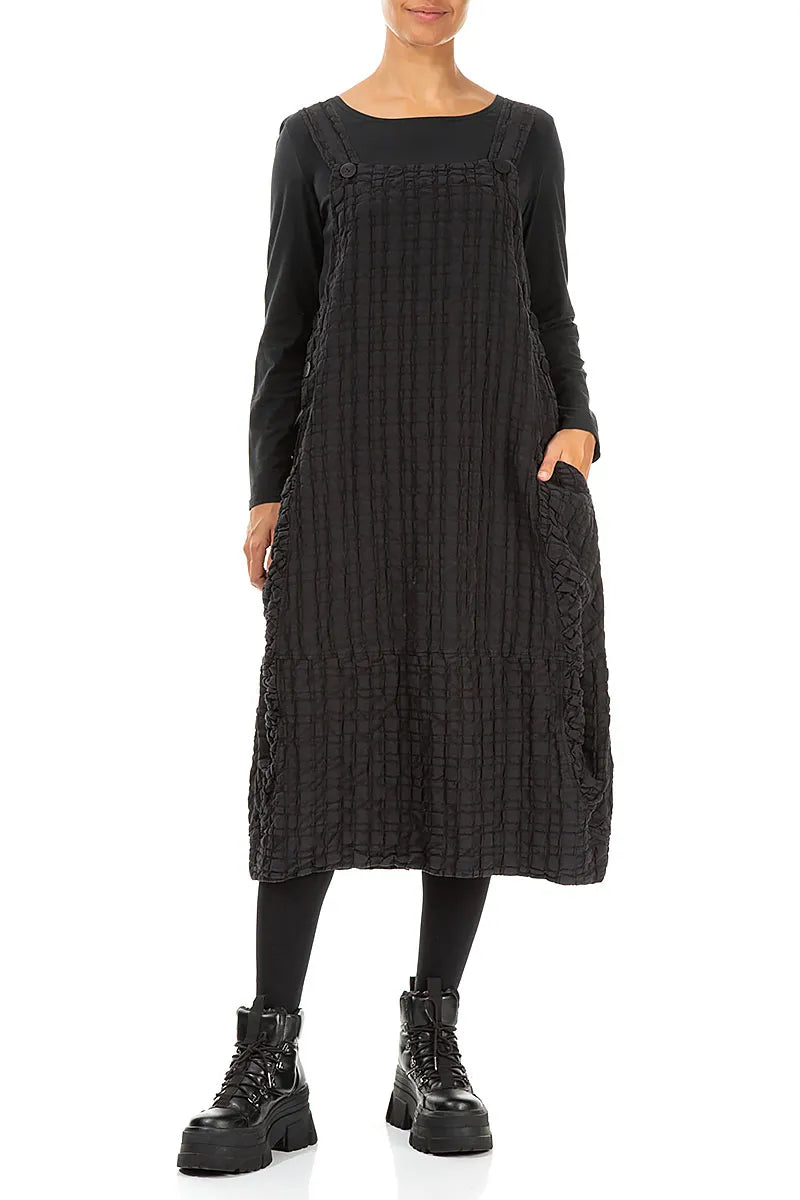 Black Checkered Linen Cotton Pinafore Dress 4